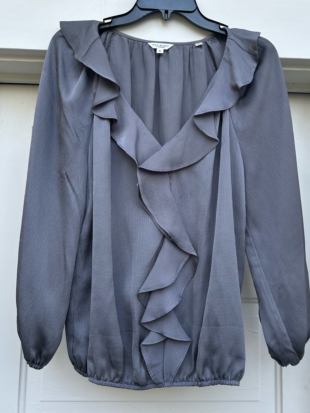 Max Studio Gray Ruffle V-Neck Blouse